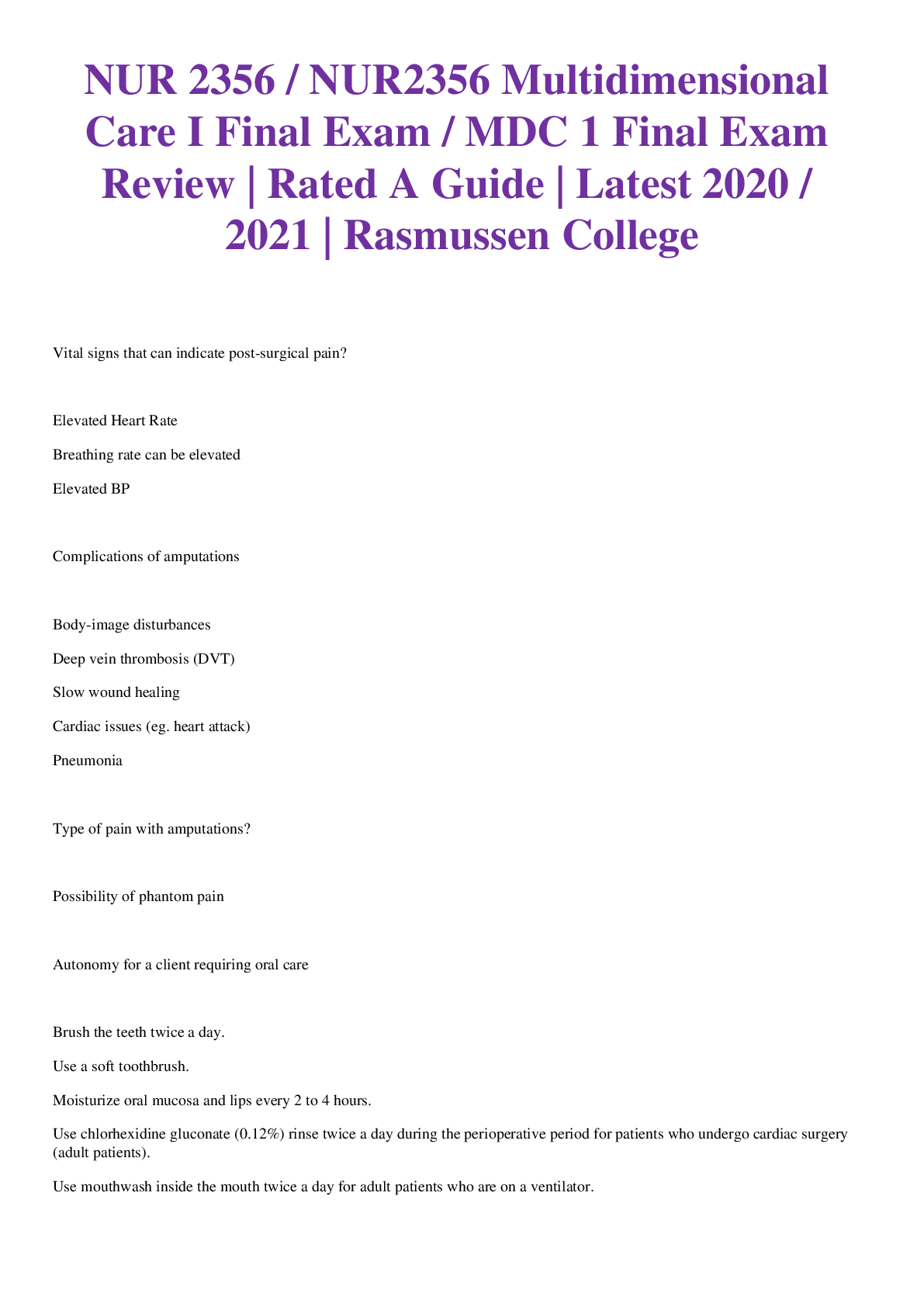 NUR 2356 / NUR2356 Multidimensional Care I Final Exam / MDC 1 Final Exam Review | Rated A Guide | Latest 2020 / 2021 | Rasmussen College